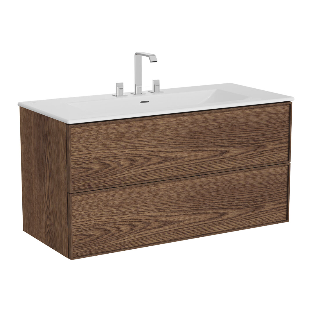 VitrA Metropole Edge Lavabo Dolabı, Çift Çekmeceli, Etajerli 3 Armatür Delikli Lavabolu, 120 cm, Ceviz, 67462 - 2