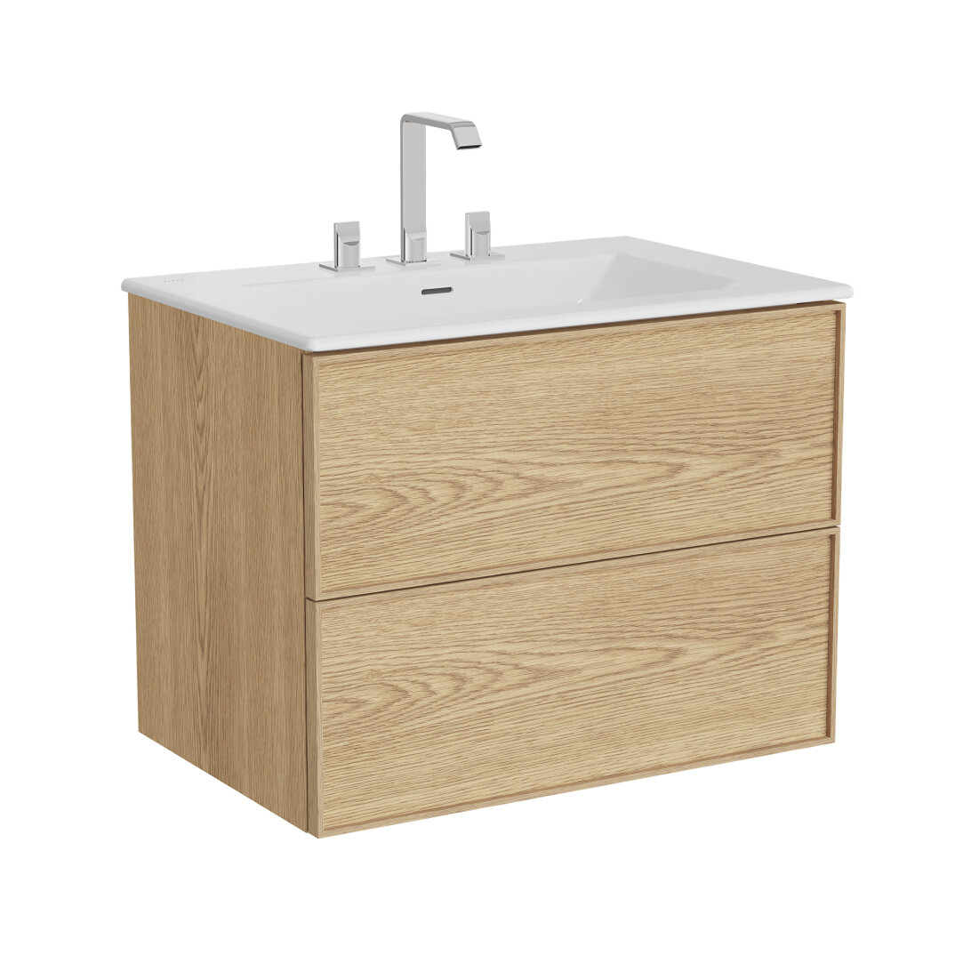 VitrA Metropole Edge Lavabo Dolabı, Çift Çekmeceli, Etajerli 3 Armatür Delikli Lavabolu, 80 cm, Açık Meşe,67452 - 2