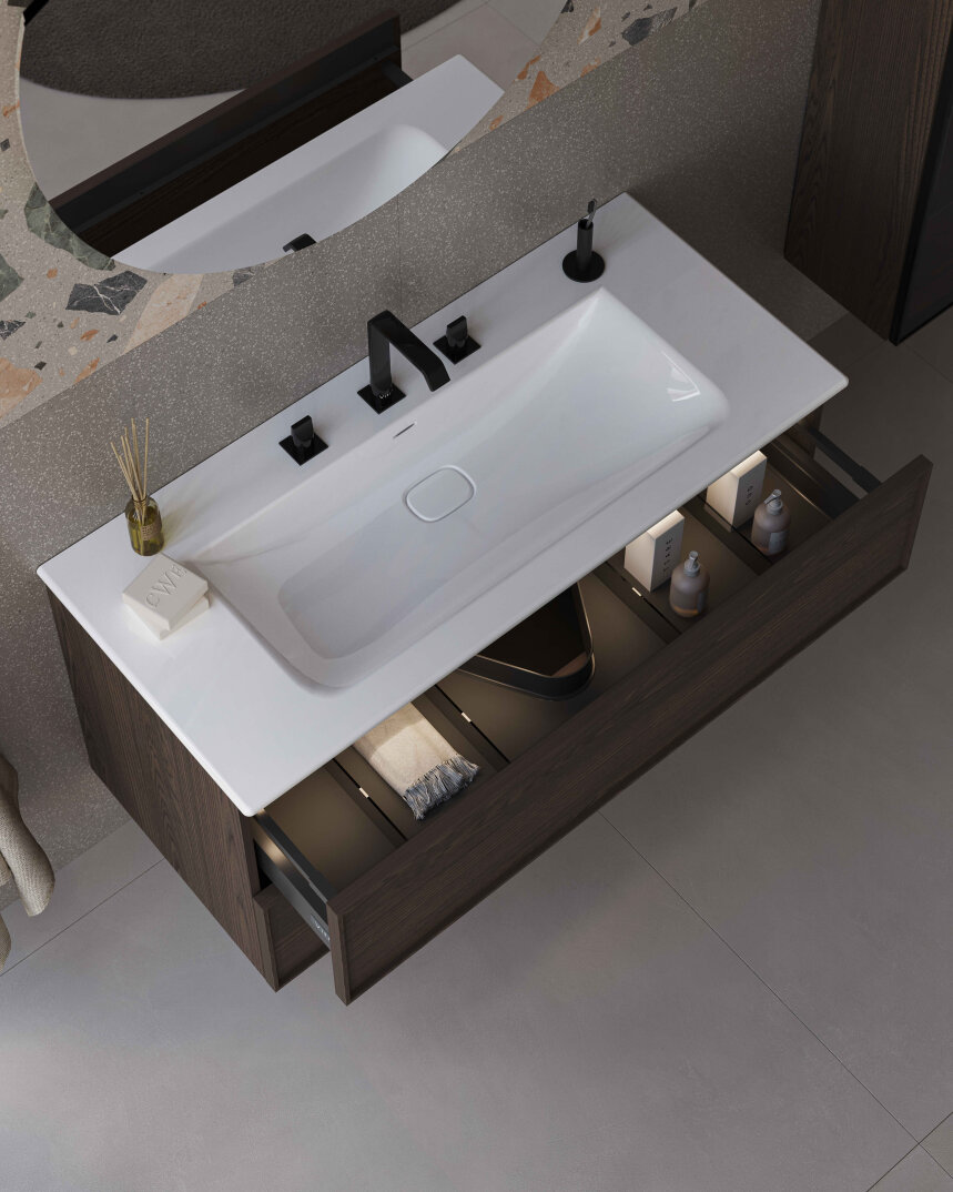 VitrA Metropole Edge Lavabo Dolabı, Çift Çekmeceli, Etajerli Lavabolu, 120 cm, Ceviz,67157 - 5