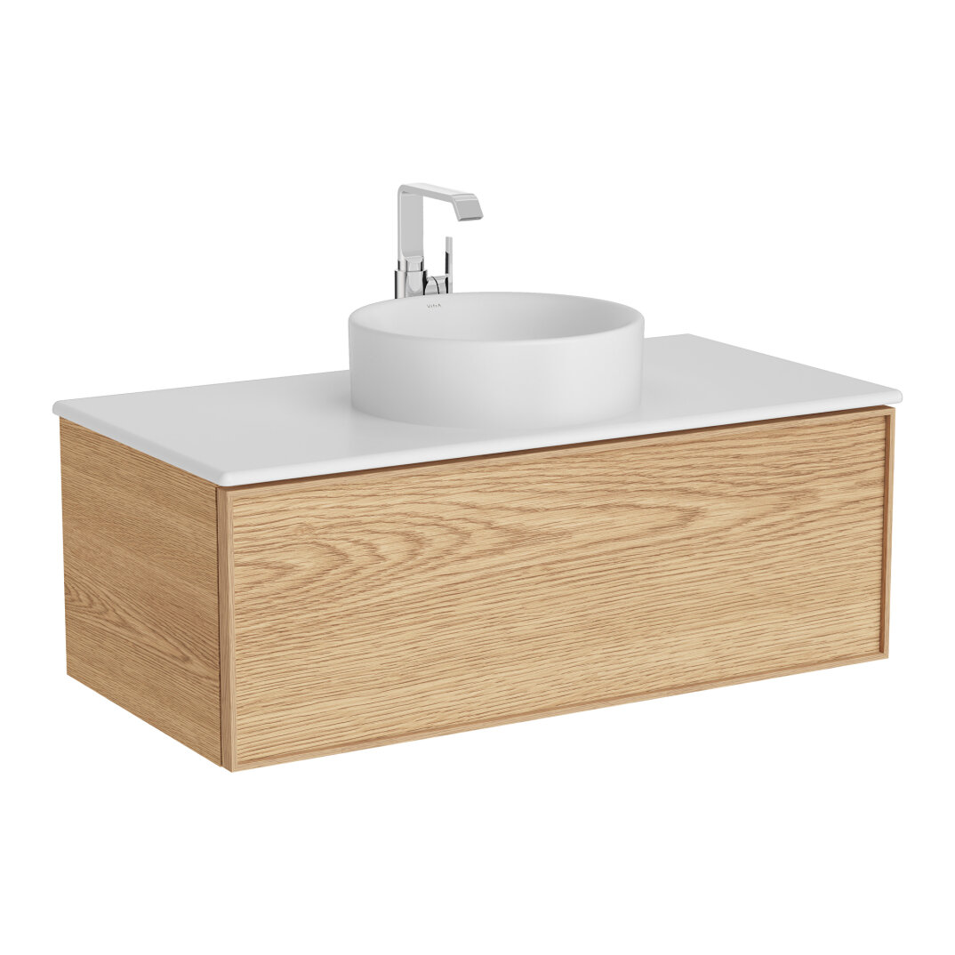 Vitra Metropole Edge Lavabo Dolabı, Tek Çekmeceli, Mat Beyaz Çanak Lavabo ve Seramik Tezgahlı, 100 cm, Açık Meşe, 67346 - 2