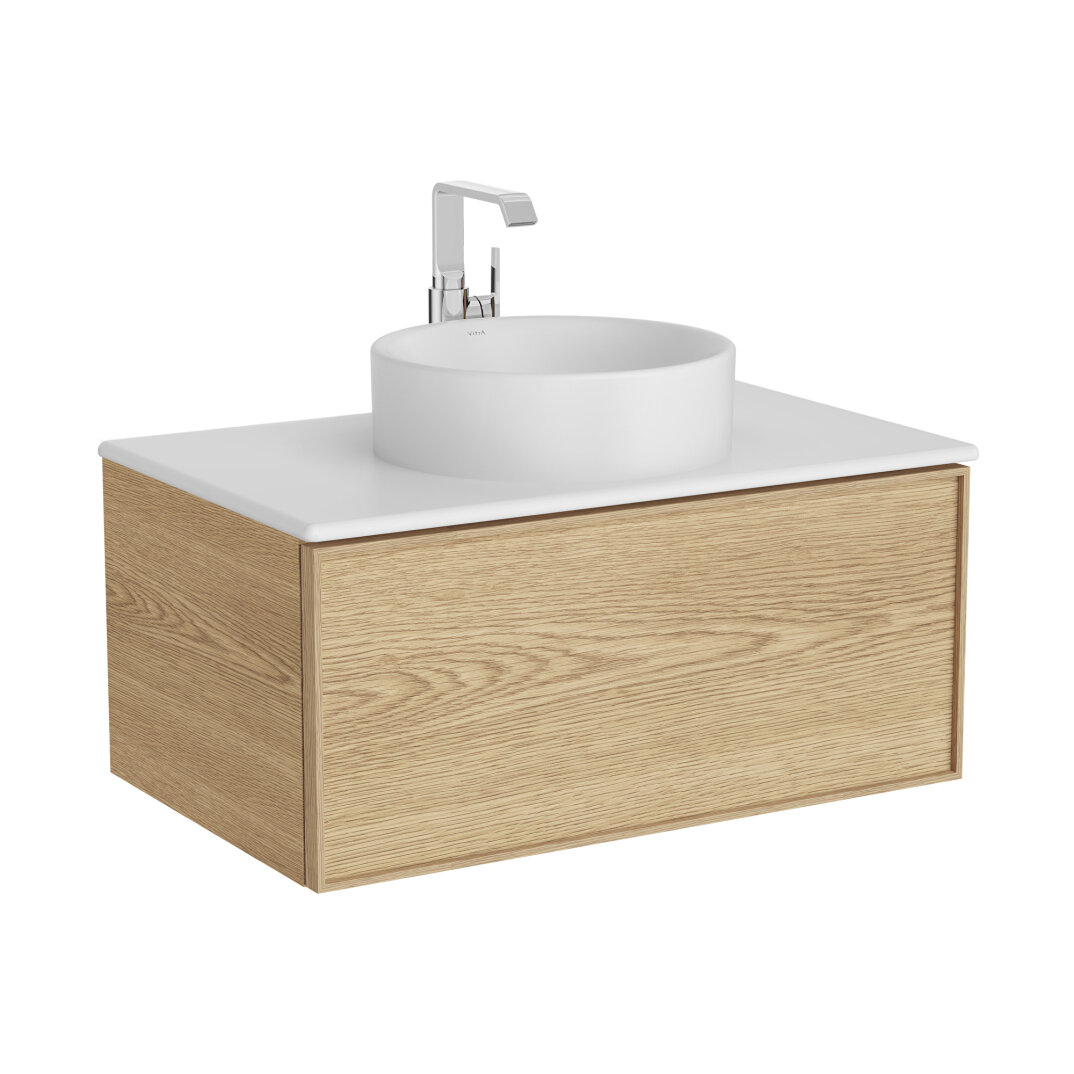 VitrA Metropole Edge Lavabo Dolabı, Tek Çekmeceli, Mat Beyaz Çanak Lavabo ve Seramik Tezgahlı, 80 cm, Açık Meşe,67345 - 2