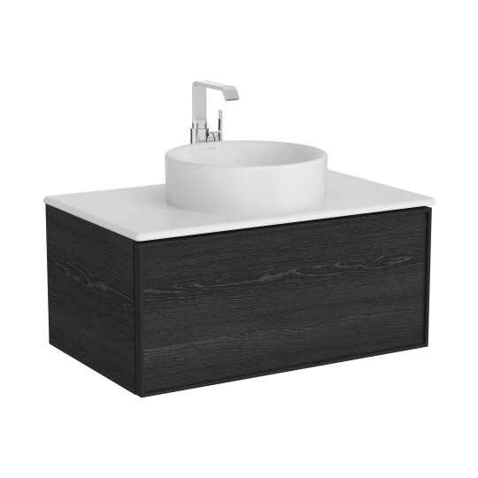 VitrA Metropole Edge Lavabo Dolabı, Tek Çekmeceli, Mat Beyaz Çanak Lavabo ve Seramik Tezgahlı, 80 cm, Siyah Meşe,67351