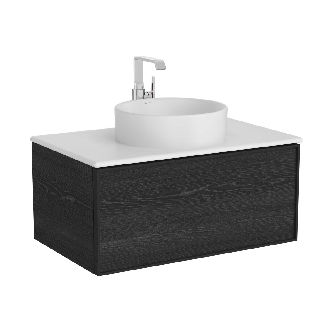 VitrA Metropole Edge Lavabo Dolabı, Tek Çekmeceli, Mat Beyaz Çanak Lavabo ve Seramik Tezgahlı, 80 cm, Siyah Meşe,67351 - 1