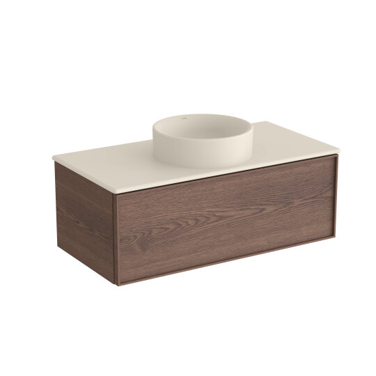 VitrA Metropole Edge Lavabo Dolabı, Tek Çekmeceli, Mat Kum Beji Çanak Lavabo ve Seramik Tezgahlı, 100 cm, Ceviz,81024