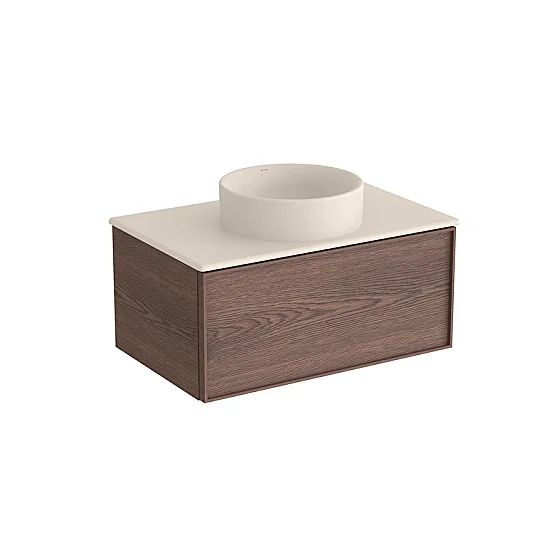 VitrA Metropole Edge Lavabo Dolabı, Tek Çekmeceli, Mat Kum Beji Çanak Lavabo ve Seramik Tezgahlı, 80 cm, Ceviz,81023