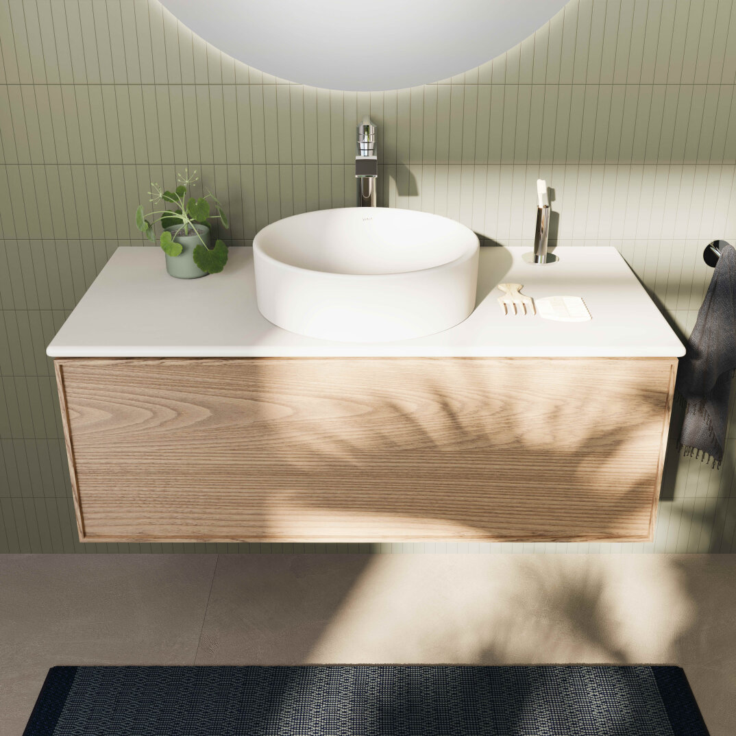 VitrA Metropole Edge Lavabo Dolabı, Tek Çekmeceli, Parlak Beyaz Çanak Lavabo ve Seramik Tezgahlı, 100 cm, Açık Meşe,67140 - 3
