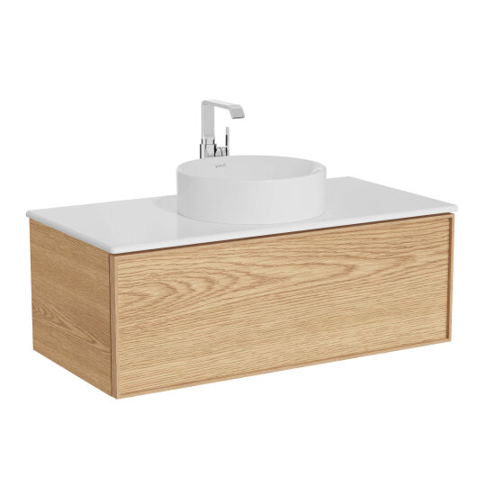 VitrA Metropole Edge Lavabo Dolabı, Tek Çekmeceli, Parlak Beyaz Çanak Lavabo ve Seramik Tezgahlı, 100 cm, Açık Meşe,67140