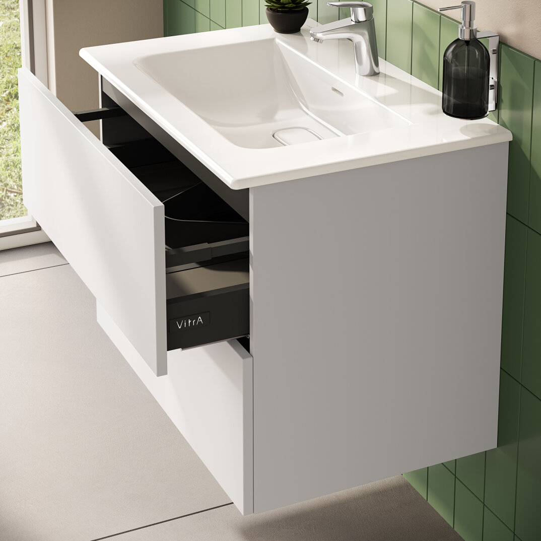 VitrA Metropole Pure Lavabo Dolabı, 2 Çekmeceli, Etajerli Lavabolu, 80 cm, Mat Açık Gri,67213 - 15