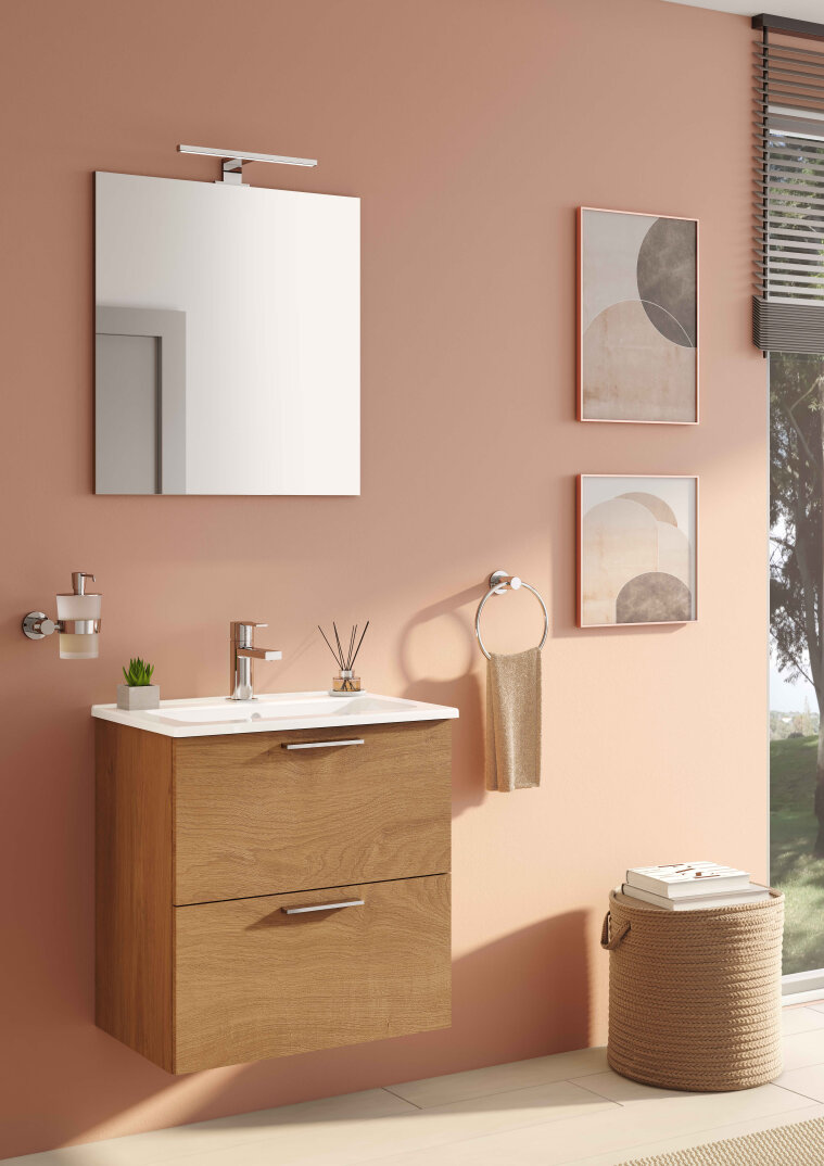 VitrA Mia Demonte Set, 60 cm, Çekmeceli, (Lavabo Dolabı, Aydınlatmalı Ayna), Altın Meşe,67092 - 3