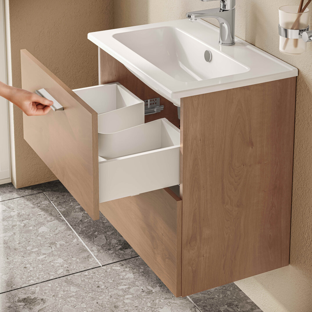 VitrA Mia Demonte Set, 60 cm, Çekmeceli, (Lavabo Dolabı, Aydınlatmalı Ayna), Altın Meşe,67092 - 6