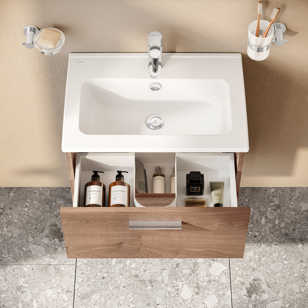VitrA Mia Demonte Set, 60 cm, Çekmeceli, (Lavabo Dolabı, Aydınlatmalı Ayna), Altın Meşe,67092 - 14