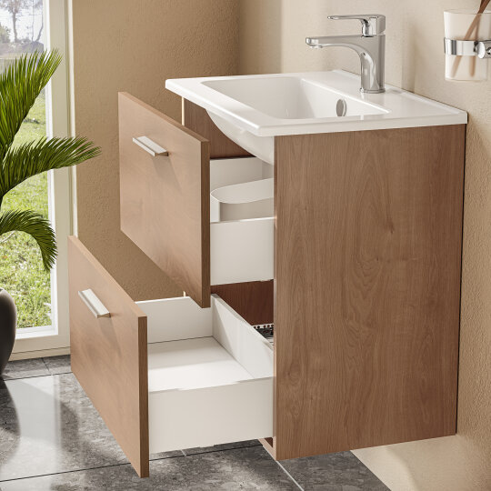 VitrA Mia Demonte Set, 60 cm, Çekmeceli, (Lavabo Dolabı, Aydınlatmalı Ayna), Altın Meşe,67092 - 16