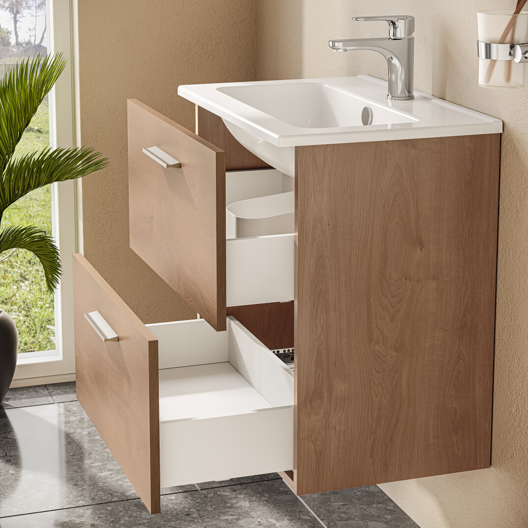 VitrA Mia Demonte Set, 60 cm, Çekmeceli, (Lavabo Dolabı, Aydınlatmalı Ayna), Altın Meşe,67092 - 16