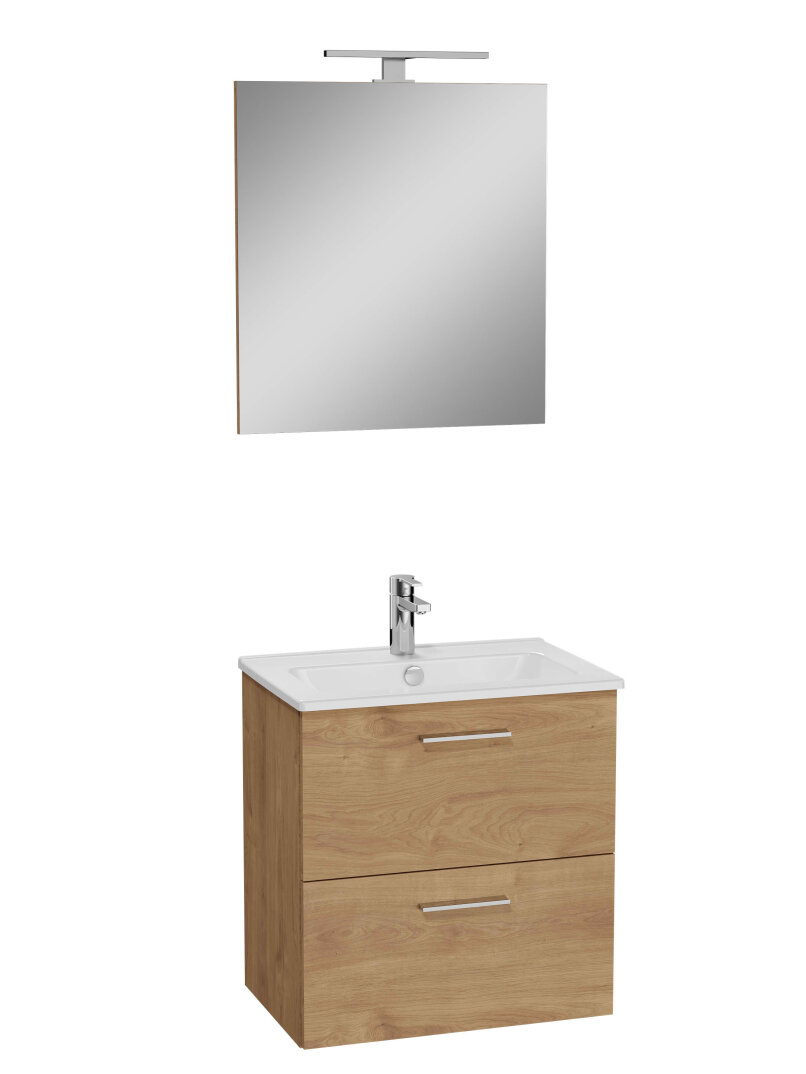 VitrA Mia Demonte Set, 60 cm, Çekmeceli, (Lavabo Dolabı, Aydınlatmalı Ayna), Altın Meşe,67092 - 1