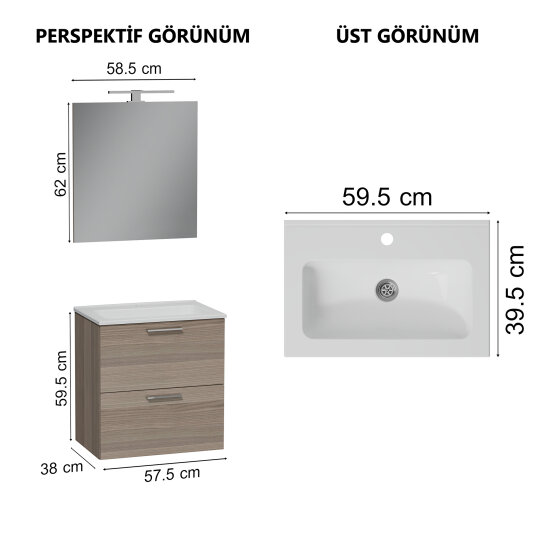 VitrA Mia Demonte Set, 60 cm, Çekmeceli, (Lavabo Dolabı, Aydınlatmalı Ayna), Cordoba,75103 - 11
