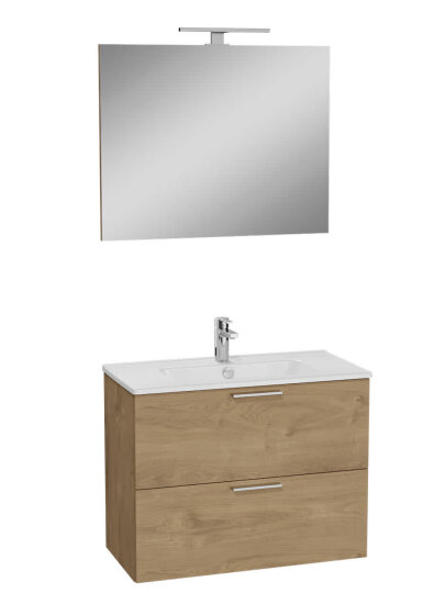 VitrA Mia Demonte Set, 80 cm, Çekmeceli, (Lavabo Dolabı, Aydınlatmalı Ayna), Altın Meşe,67093 - 2