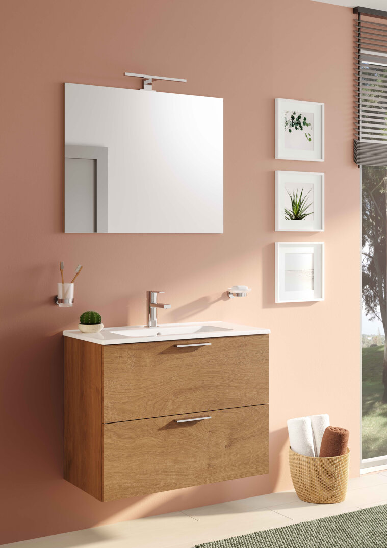 VitrA Mia Demonte Set, 80 cm, Çekmeceli, (Lavabo Dolabı, Aydınlatmalı Ayna), Altın Meşe,67093 - 3