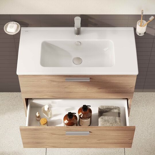 VitrA Mia Demonte Set, 80 cm, Çekmeceli, (Lavabo Dolabı, Aydınlatmalı Ayna), Altın Meşe,67093 - 5
