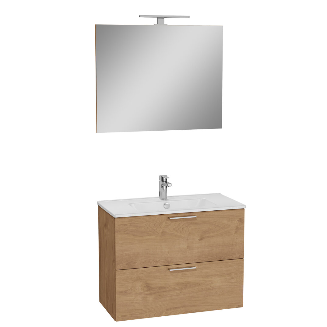 VitrA Mia Demonte Set, 80 cm, Çekmeceli, (Lavabo Dolabı, Aydınlatmalı Ayna), Altın Meşe,67093 - 7