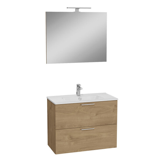 VitrA Mia Demonte Set, 80 cm, Çekmeceli, (Lavabo Dolabı, Aydınlatmalı Ayna), Altın Meşe,67093 - 8