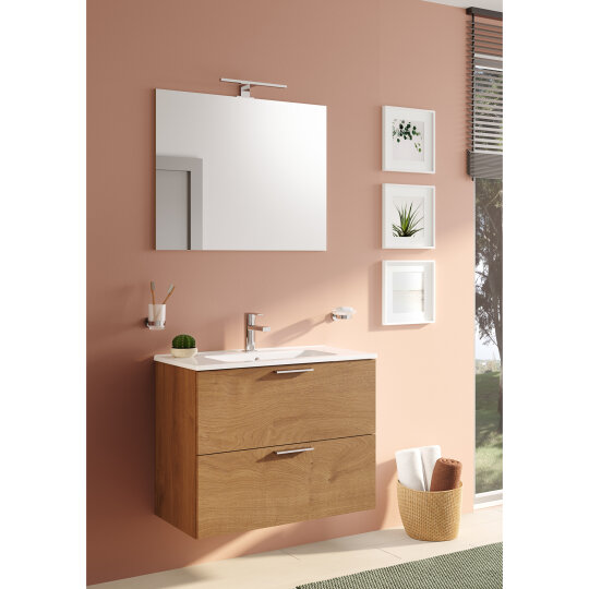 VitrA Mia Demonte Set, 80 cm, Çekmeceli, (Lavabo Dolabı, Aydınlatmalı Ayna), Altın Meşe,67093 - 9