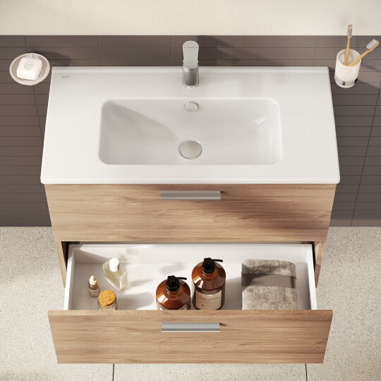 VitrA Mia Demonte Set, 80 cm, Çekmeceli, (Lavabo Dolabı, Aydınlatmalı Ayna), Altın Meşe,67093 - 11