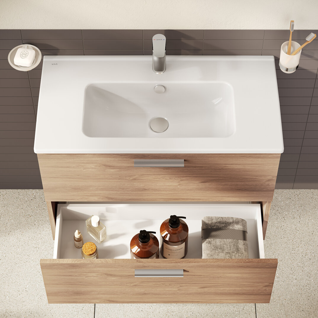 VitrA Mia Demonte Set, 80 cm, Çekmeceli, (Lavabo Dolabı, Aydınlatmalı Ayna), Altın Meşe,67093 - 11