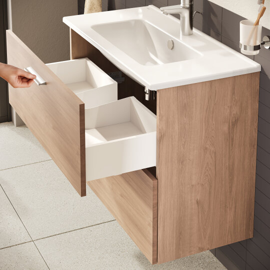 VitrA Mia Demonte Set, 80 cm, Çekmeceli, (Lavabo Dolabı, Aydınlatmalı Ayna), Altın Meşe,67093 - 12