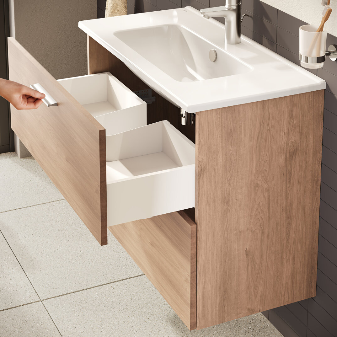 VitrA Mia Demonte Set, 80 cm, Çekmeceli, (Lavabo Dolabı, Aydınlatmalı Ayna), Altın Meşe,67093 - 12