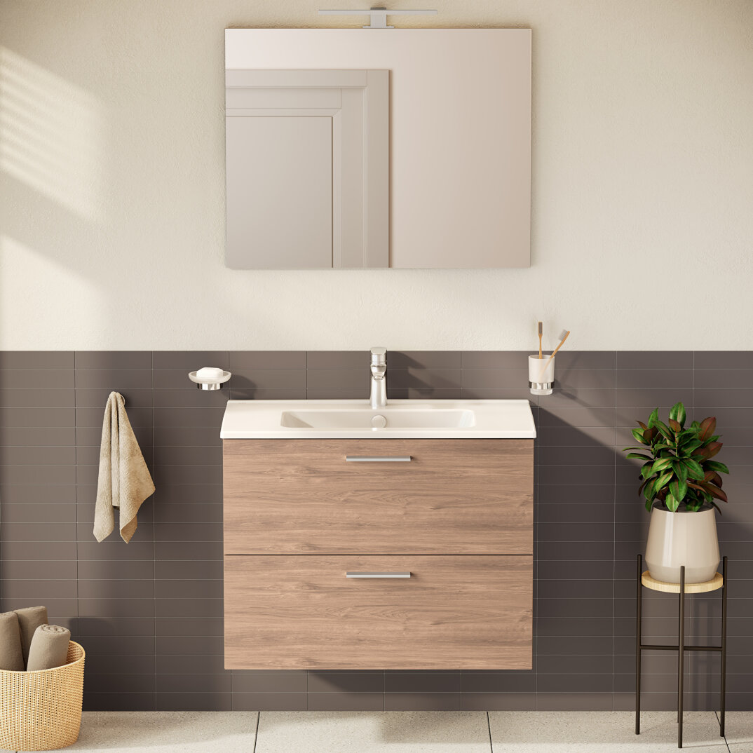 VitrA Mia Demonte Set, 80 cm, Çekmeceli, (Lavabo Dolabı, Aydınlatmalı Ayna), Altın Meşe,67093 - 13