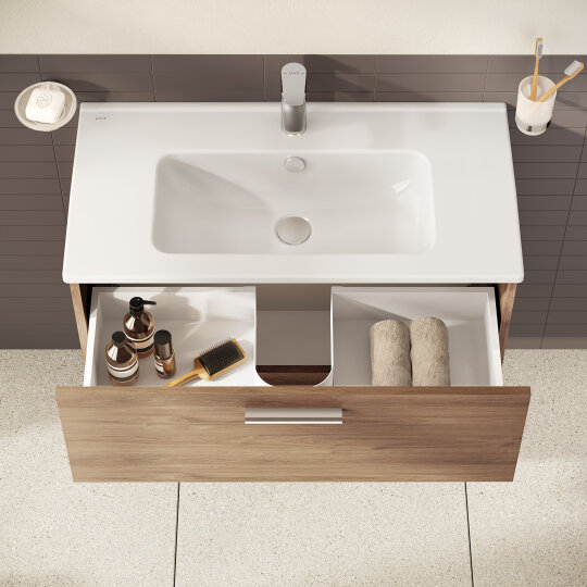 VitrA Mia Demonte Set, 80 cm, Çekmeceli, (Lavabo Dolabı, Aydınlatmalı Ayna), Altın Meşe,67093 - 14