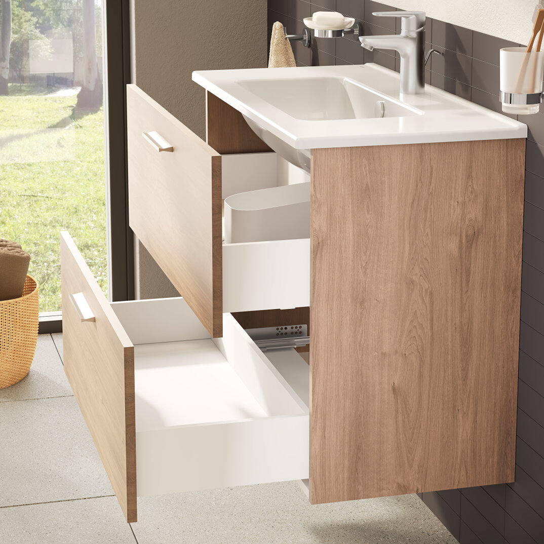 VitrA Mia Demonte Set, 80 cm, Çekmeceli, (Lavabo Dolabı, Aydınlatmalı Ayna), Altın Meşe,67093 - 17