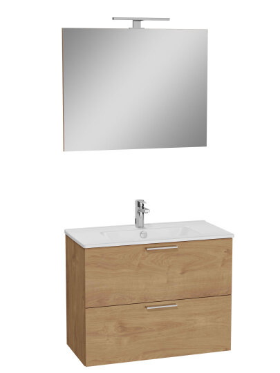 VitrA Mia Demonte Set, 80 cm, Çekmeceli, (Lavabo Dolabı, Aydınlatmalı Ayna), Altın Meşe,67093