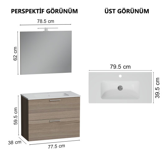 VitrA Mia Demonte Set, 80 cm, Çekmeceli, (Lavabo Dolabı, Aydınlatmalı Ayna), Cordoba,75101 - 14