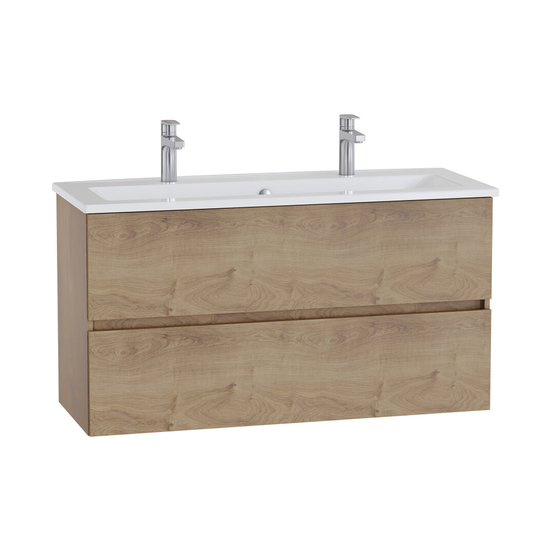 VitrA Mia Plus Square Çift Çekmeceli Lavabo Dolabı, Çift Armatür Delikli Lavabolu, 120 cm, Altın Meşe, 69764 - 1