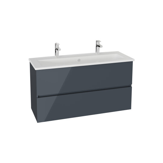 VitrA Mia Plus Square Çift Çekmeceli Lavabo Dolabı, Çift Armatür Delikli Lavabolu, 120 cm, Parlak Antrasit, 69762