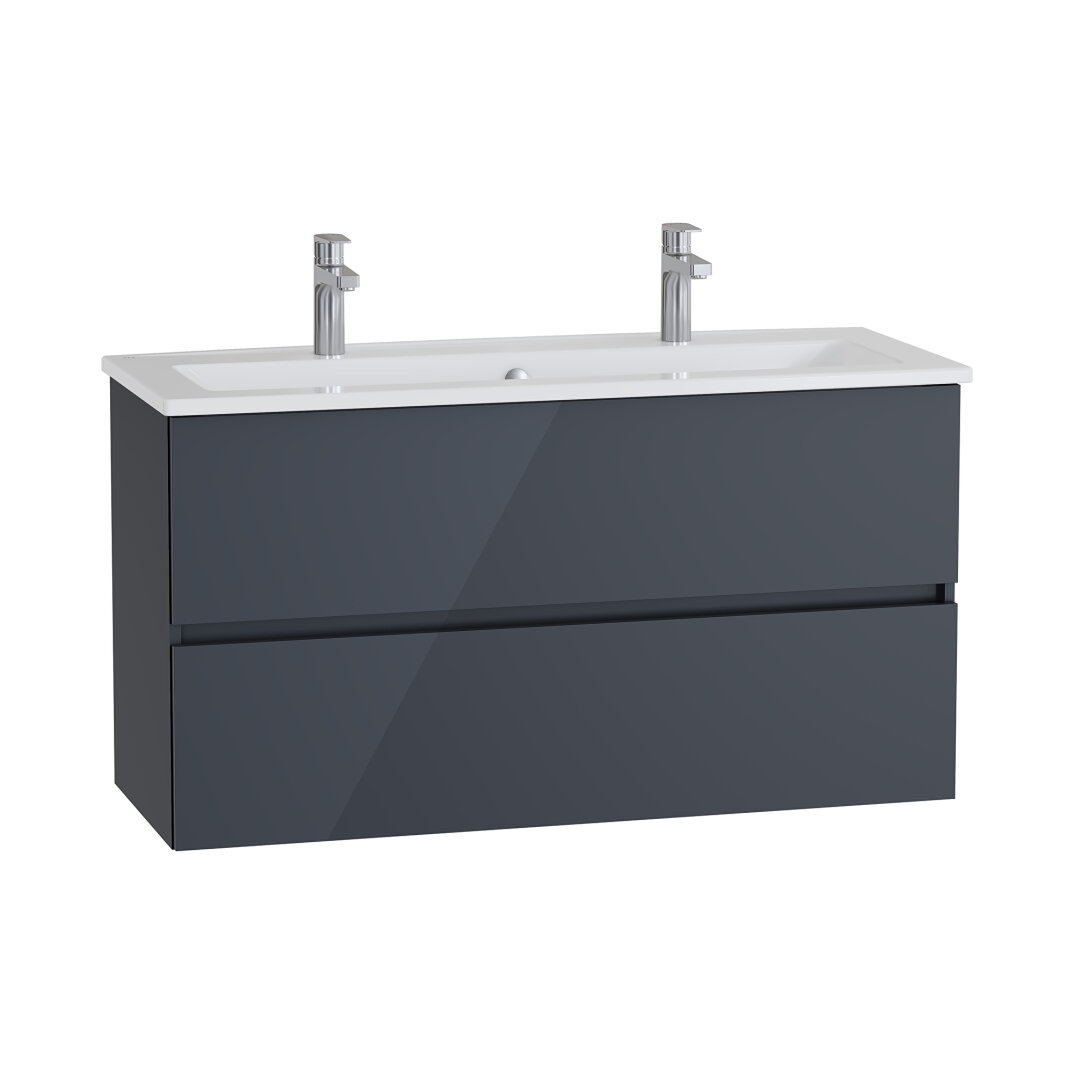 VitrA Mia Plus Square Çift Çekmeceli Lavabo Dolabı, Çift Armatür Delikli Lavabolu, 120 cm, Parlak Antrasit, 69762 - 2