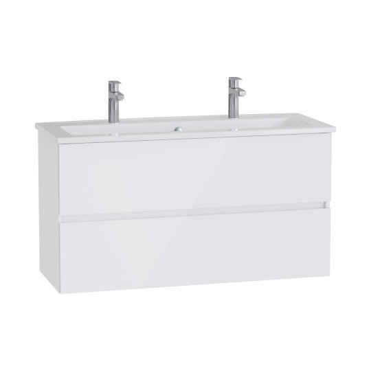 VitrA Mia Plus Square Çift Çekmeceli Lavabo Dolabı, Çift Armatür Delikli Lavabolu, 120 cm, Parlak Beyaz, 69763 - 2