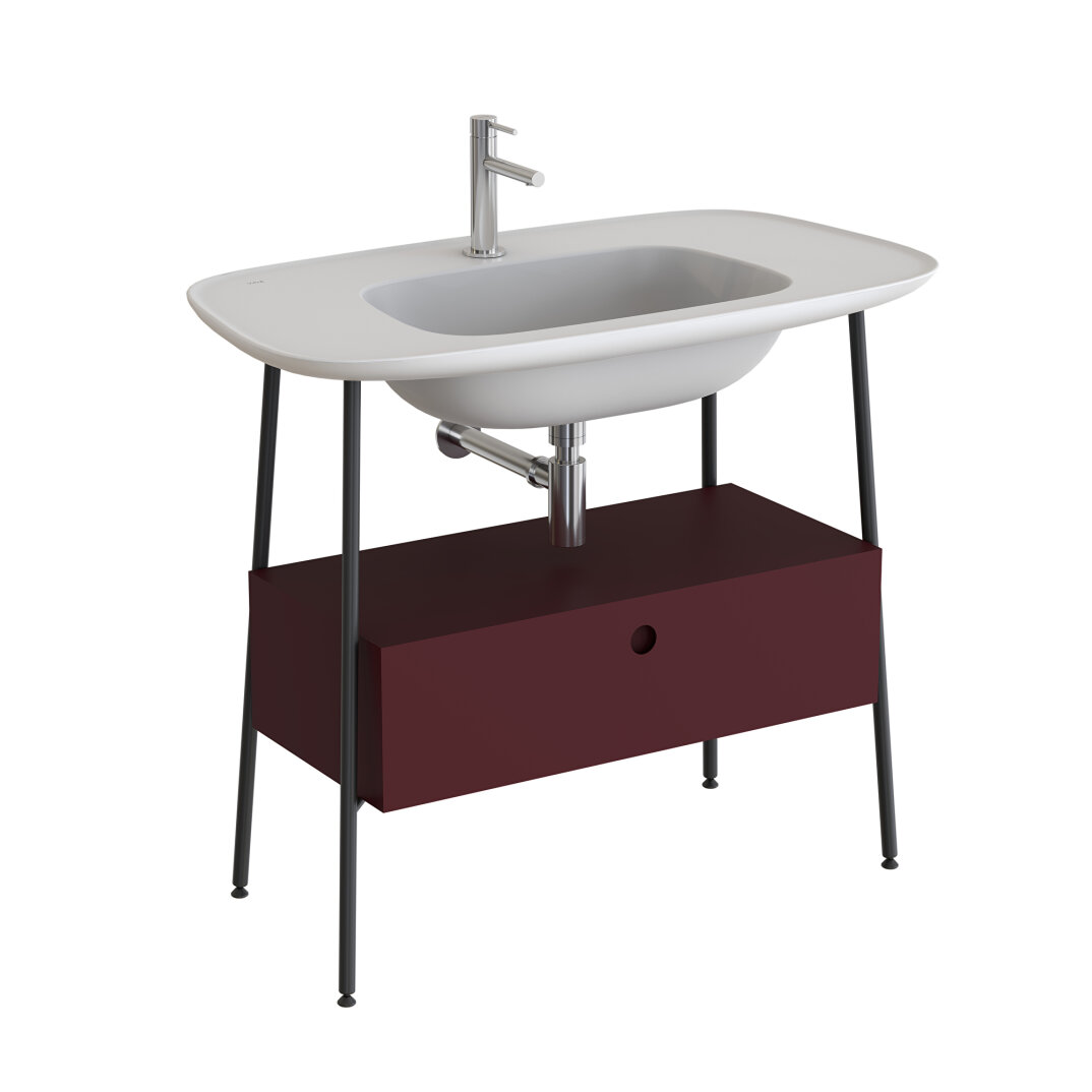 VitrA Plural Tek Çekmeceli Etajerli Lavabo Ünitesi, 100 cm, Mat Bordo / Mat Beyaz Lavabo, 80466 - 2