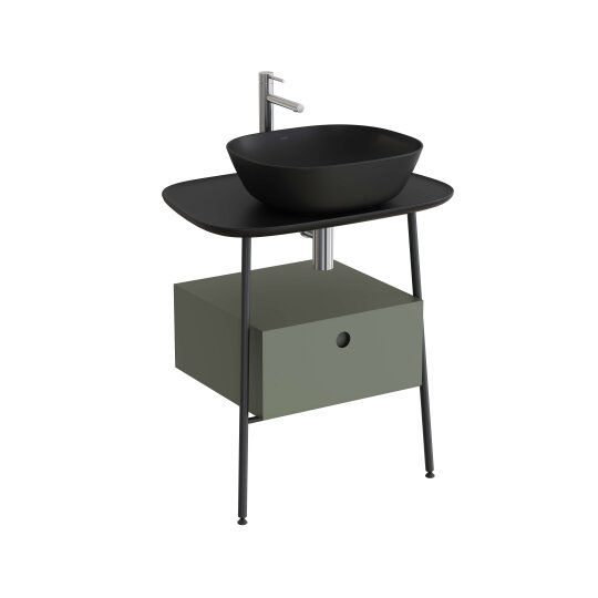 VitrA Plural Tek Çekmeceli Serbest Yüksek Lavabo Ünitesi, 70 cm, Retro Yeşil / Mat Siyah Seramik Tezgah,80474