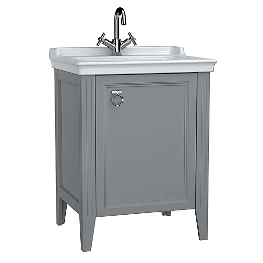 VitrA Valarte Kapaklı Etajerli Lavabo Dolabı, 65 cm, Mat Gri (Lavabo Dahil-Krom Kulplu Sağ),62260