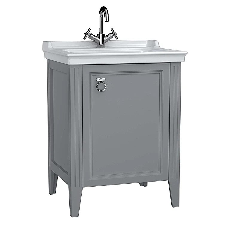 VitrA Valarte Kapaklı Etajerli Lavabo Dolabı, 65 cm, Mat Gri (Lavabo Dahil-Krom Kulplu Sağ),62260 - 1