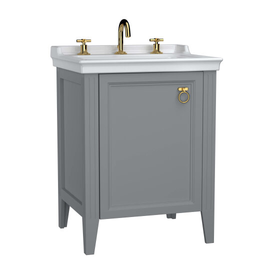 VitrA Valarte Kapaklı Etajerli Lavabo Dolabı, 65 cm, Mat Gri (Lavabo Dahil-Krom Kulplu Sağ),62263