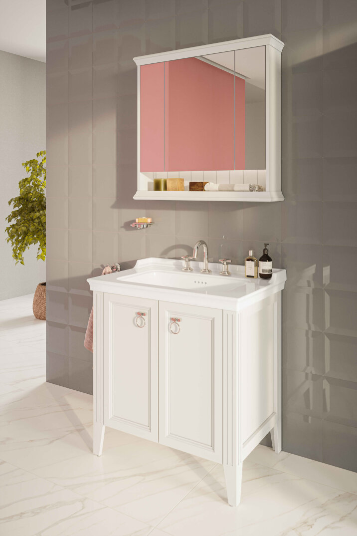VitrA Valarte Kapaklı Etajerli Lavabo Dolabı, 80 cm, Mat Beyaz (Lavabo Dahil-Krom Kulplu),62153 - 3