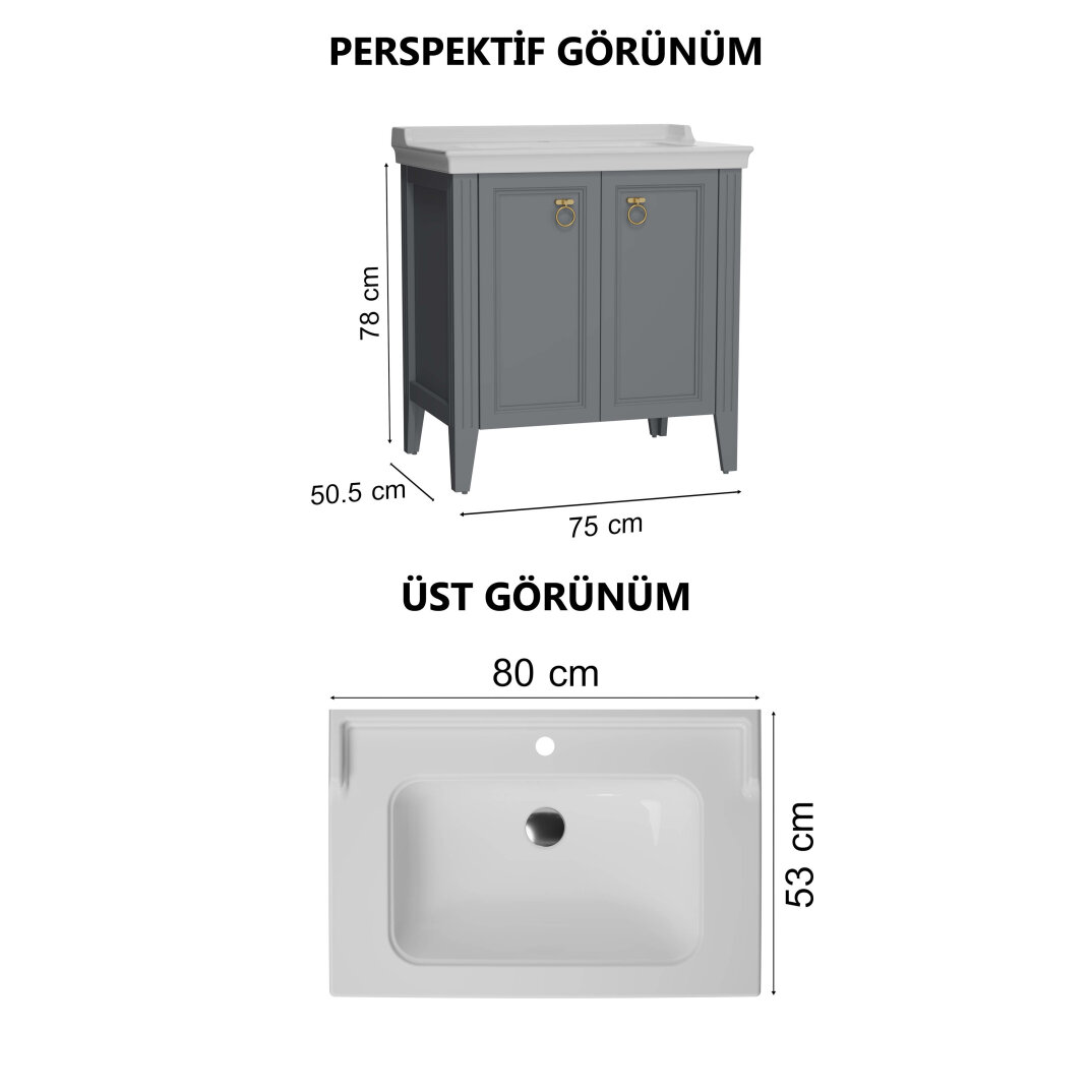 Vitra Valarte Kapaklı Etajerli Lavabo Dolabı, 80 Cm, Mat Gri (Lavabo Dahil-Krom Kulplu) 62154 - 4