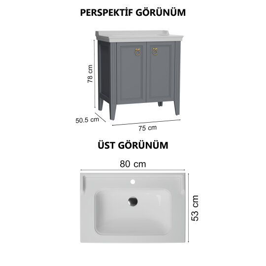 Vitra Valarte Kapaklı Etajerli Lavabo Dolabı, 80 Cm, Mat Gri (Lavabo Dahil-Krom Kulplu) 62154 - 10