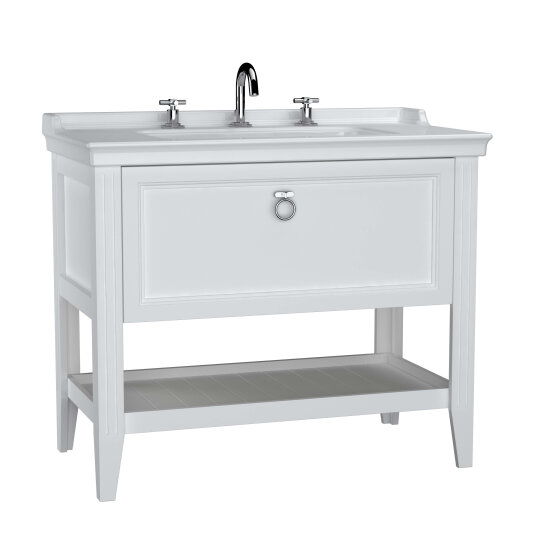 VitrA Valarte Tek Çekmeceli Etajerli Lavabo Dolabı, 100 cm, Mat Beyaz (Lavabo Dahil-Krom Kulplu),62192