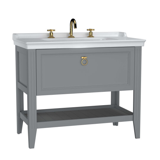 VitrA Valarte Tek Çekmeceli Etajerli Lavabo Dolabı, 100 cm, Mat Gri (Lavabo Dahil-Krom Kulplu),62193