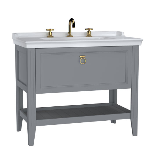 VitrA Valarte Tek Çekmeceli Etajerli Lavabo Dolabı, 100 cm, Mat Gri (Lavabo Dahil-Krom Kulplu),62193 - 2
