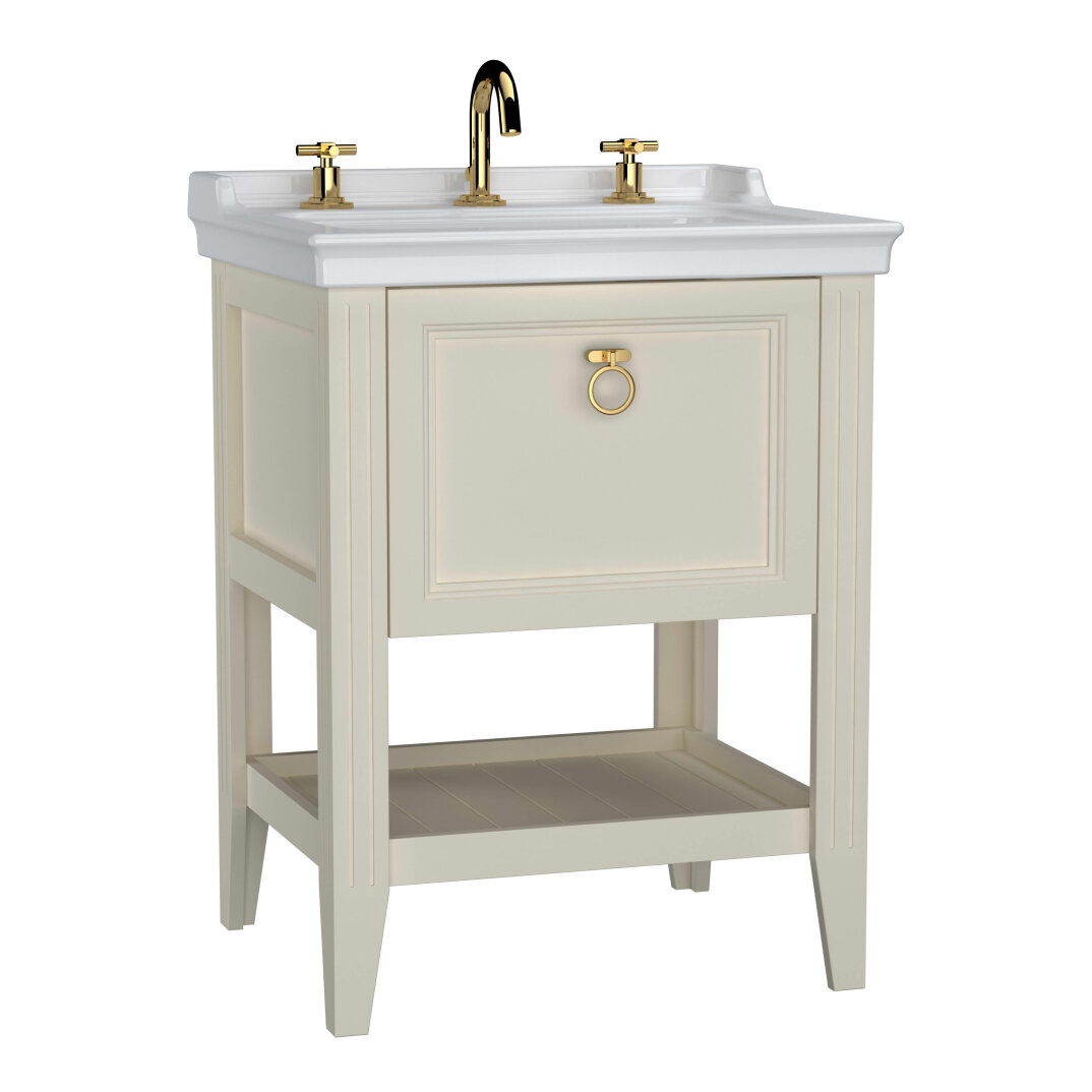 VitrA Valarte Tek Çekmeceli Etajerli Lavabo Dolabı, 65 cm, Mat Fildişi (Lavabo Dahil-Krom Kulplu),62188 - 1